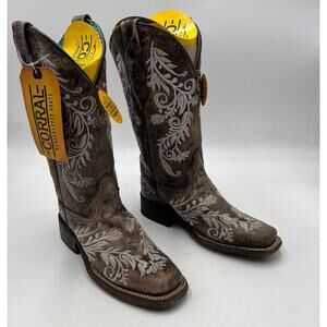 Corral Boots Womens Embroidery Sq.Toe Knee High Boots Brown/ White 6 M